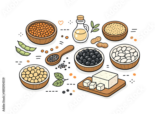 Minimalist Protein Layout. Plant-based protein flat lay. Lentils and beans displayed in a simple overhead layout, nourishment and everyday cooking ingredients.