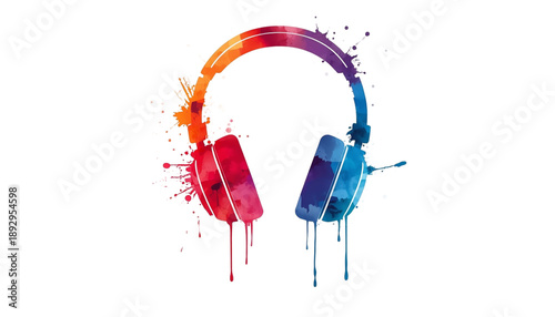 A colorful pair of headphones with paint splatters on transparent background
