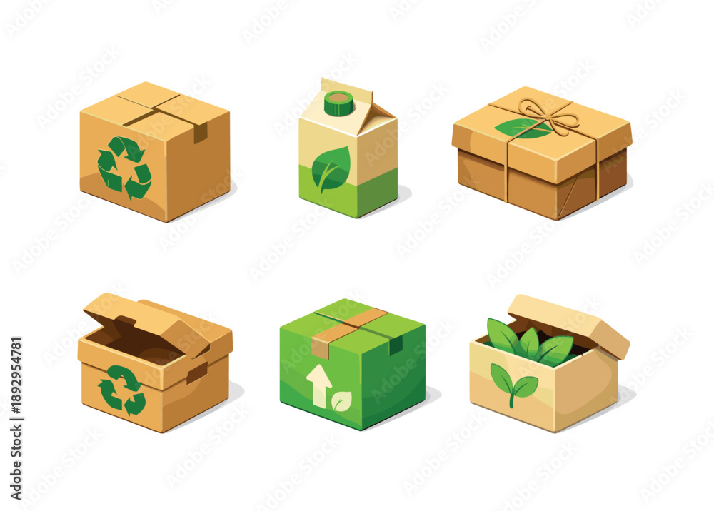 Fototapeta premium Eco Packaging Icons. Eco packaging. Isometric flat vector icons set of Eco packaging: recyclable cardboard box, eco friendly carton, sustainable packaging box,