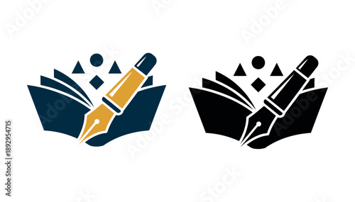 Two logos featuring a fountain pen and an open book with geometric shapes on a white background