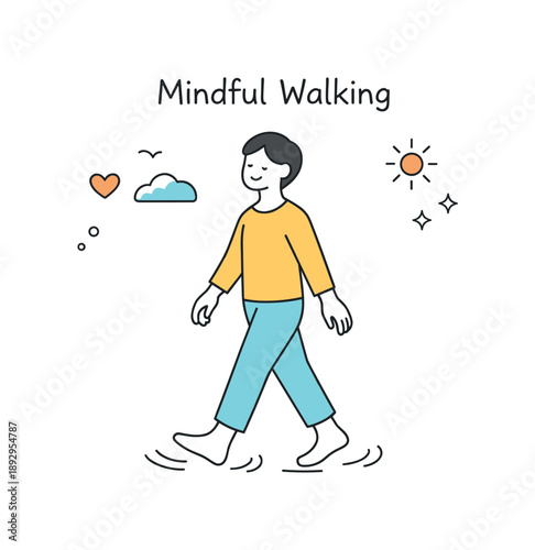 Mindful Walking Art. Mindful Walking. A person walking slowly with smooth motion lines under the feet, attention focused on the present moment. Light, airy