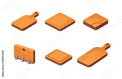 Wood Kitchen Tools. Wood kitchen tools. Isometric flat vector icons set of wood kitchen tools: cutting board with handle, reversible board side, board corner