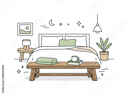 Modern Rustic Bedroom. Rustic furniture in modern bedroom. A wooden bench adds character and function at the foot of the bed, blending traditional