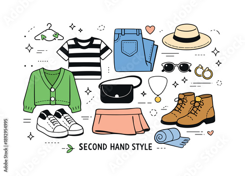 Mindful Fashion Flatlay. Second hand shopping. A flat-lay style scene with selected second-hand clothes, shoes, and accessories neatly arranged. Clean overview