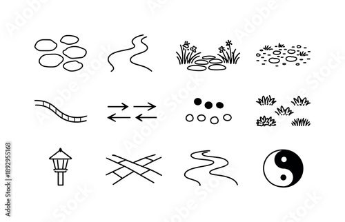 Stone Garden Icons. Stone garden walkway illustration. Line icon set of Stone garden walkway illustration: irregular stepping stones, organic path line, side