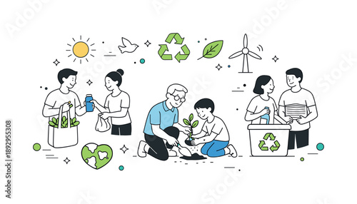 Eco-Friendly Actions. Small actions matter. People performing everyday eco-friendly habits together, gentle interaction and abstract green elements floating