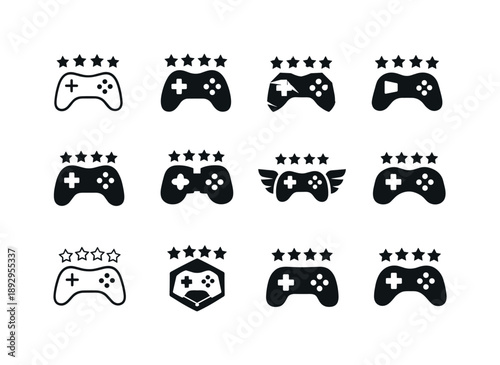 Game Review Icons. Game reviews. Icon set. Set Logo of Game reviews: controller rating. harmonious logo variations of the same emblematic concept, each with