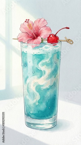 Watercolor Illustration of Blue Tropical Cocktail with Pink Hibiscus Flower and Cherry