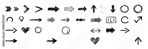 Hand‑drawn directional arrows and abstract symbols in a playful, ink‑wash style, assembled on a plain white background that evokes a sketchbook spread, lively yet minimal composition.