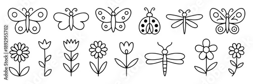 Playful hand‑drawn insects scattered on white background, whimsical doodle style with delicate wings and curious postures, lighthearted composition. featuring butterflies, beetles, dragonflies with