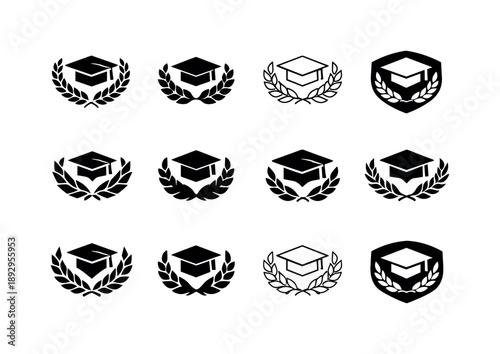 Graduation Icons Set. Graduation. Icon set. Set Logo of Graduation: laurel wreath with cap. harmonious logo variations of the same emblematic concept, each