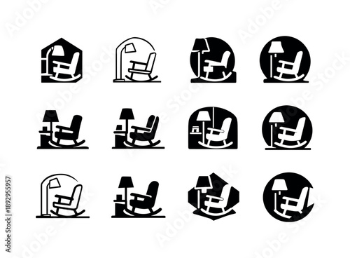 Rocking Chair Logos. A comfortable rocking chair in a nursery or reading room. Icon set. Set Logo of a comfortable rocking chair in a nursery or reading room: