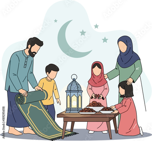 Family preparing for ramadan with prayer mat and lantern
