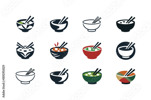 Global Breakfast Icons. Trying global breakfast traditions. Icon set. Set Logo of Trying global breakfast traditions: miso soup bowl. harmonious logo
