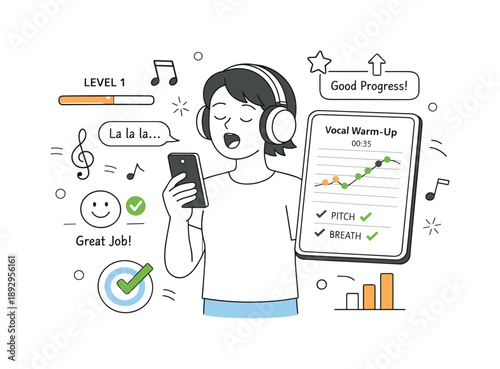 Online Singing Practice. Learning to sing online. A beginner practicing vocal warm-ups using headphones and a smartphone app. Friendly encouraging scene with