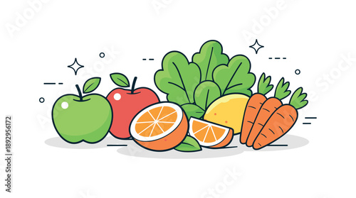 Fresh Produce Harmony. Clean eating lifestyle. Close-up view of fresh produce such as apples, citrus, greens, and carrots arranged with care. Simplicity,