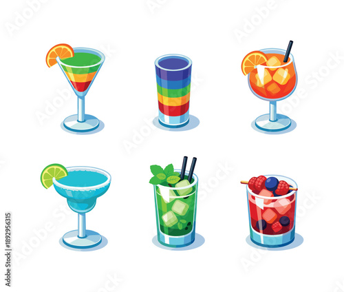Colorful Cocktail Icons. Colorful drinks. Isometric flat vector icons set of colorful drinks: layered cocktail glass, rainbow shot, orange spritz, blue