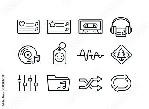 Indie Playlist Icons. Indie playlists. Line icon set of Indie playlists: heart playlist, star playlist, cassette playlist symbol, headphones playlist, vinyl