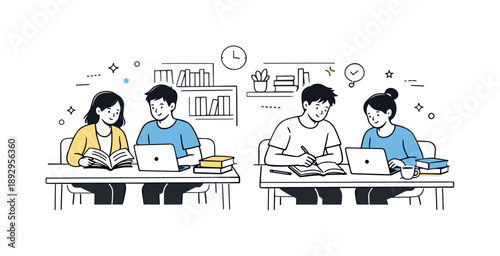 Stylish Library Study Scene. Students in library. Students sitting at tables with books and laptops, quietly studying together. Calm concentration and academic