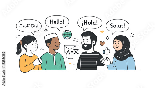 Global Language Exchange. Language Diversity Illustration ? Global Communication. Characters from different cultures exchanging messages with multilingual text