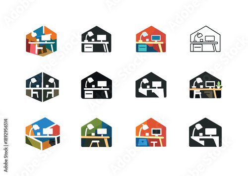 Creative Workspace Logos. Personalized workspace. Icon set. Set Logo of Personalized workspace: creative home office corner. harmonious logo variations of the