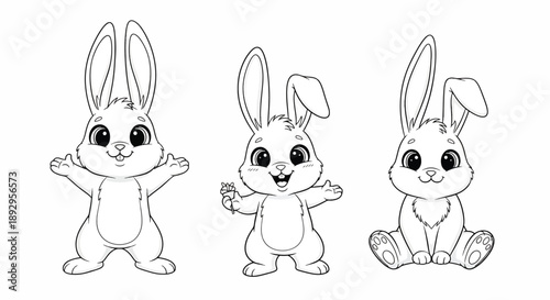Three Cute Cartoon Bunny Outlines With Different Poses