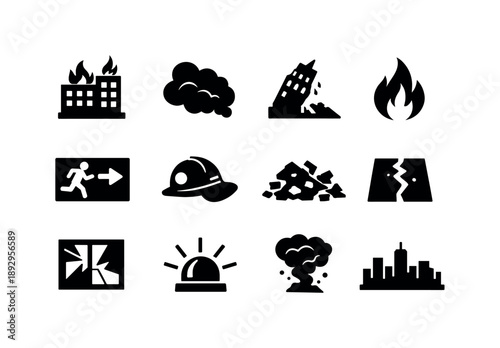 Urban Fire Icons. Burning city with smoke clouds. Solid icon set of Burning city with smoke clouds: burning building, smoke cloud, collapsed tower, fire flame,