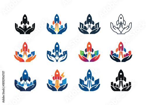 Startup Logo Variations. Startup incubators. Icon set. Set Logo of Startup incubators: rocket launching from collaborative base. harmonious logo variations of