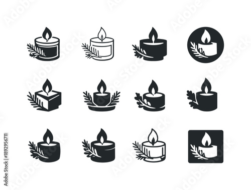 Cozy Winter Icons. Cozy winter home decor ideas for the season. Icon set. Set Logo of Cozy winter home decor ideas for the season: scented candle with flame.