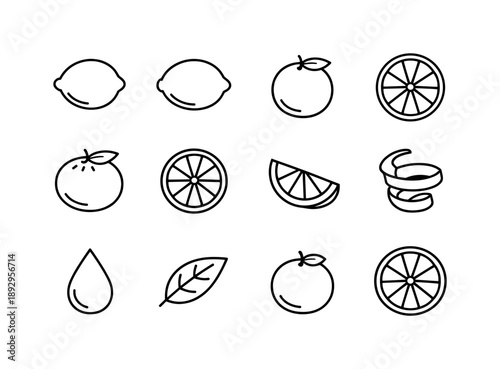 Citrus Fruit Icons. Citrus fruits. Line icon set of Citrus fruits: lemon, lime, orange, grapefruit, tangerine, citrus slice, citrus wedge, peel spiral, juice