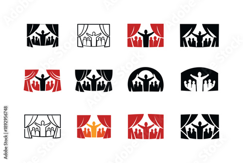 Dramatic Stage Icons. A dramatic reveal of an actor?s performance on stage, with a full cast behind them. Icon set. Set Logo of dramatic stage performance
