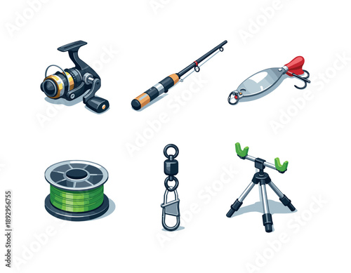 Fishing Gear Icons Grid. Spinning Gear. Isometric flat vector icons set of Spinning Gear: spinning reel, carbon fishing rod, metal spoon lure, braided line