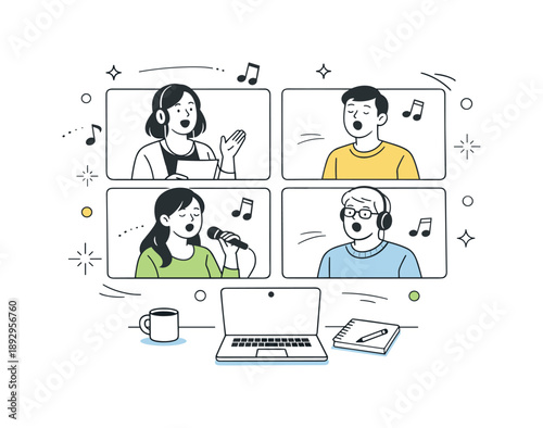Virtual Singing Session. Remote music education. A small group participating in an online singing class, each visible in simple video windows. Calm