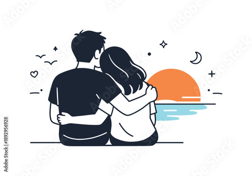 Sunset Embrace. Couple at sunset hugging. A warm scene of a couple embracing or holding each other while watching the sunset, highlighting intimacy and calm