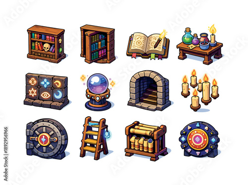 Wizard Library Icons. Wizard Library. Colorful isometric vector icons set of Wizard Library: magic bookshelf, rotating secret door, spell book open, potion