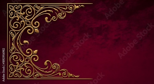 Luxurious gold ornate frame on dark red velvet background