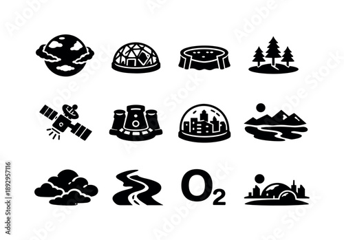 Terraforming Mars Icons. Terraforming Mars Vision. Solid icon set of Terraforming Mars Vision: Mars with atmosphere, greenhouse dome, water reservoir, planted