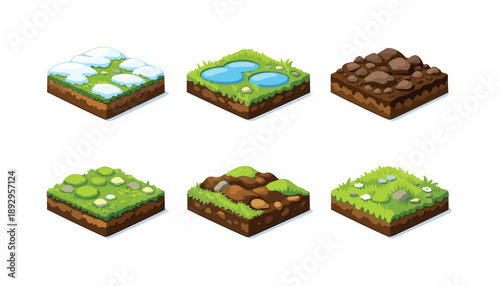 Spring Terrain Icons. Spring ground. Isometric flat vector icons set of spring ground: mixed grass and snow terrain, small water puddles, soil clumps detail,