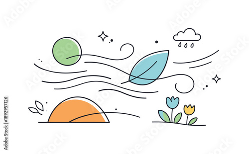 Windy Spring Abstract. Windy early spring. Abstract shapes slightly tilted and connected by flowing motion lines, expressing seasonal wind and transition. The