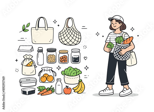 Eco-Friendly Shopping Kit. People shopping without plastic. A reusable shopping kit laid out neatly with bags, jars, and produce beside a shopper. Organized,