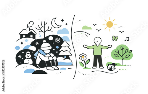 Seasonal Transition Harmony. Winter versus spring abstraction. Dense, compact forms transitioning into lighter, open shapes, showing seasonal opposition. Calm