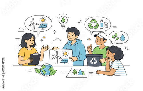 Eco-Conscious Student Dialogue. Learning environmental sustainability. Students discussing renewable energy, recycling, and conservation concepts using simple