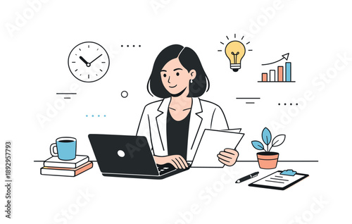 Empowered Woman at Work. Strong women concept illustration. A focused woman working with documents or a laptop, showing independence and professional