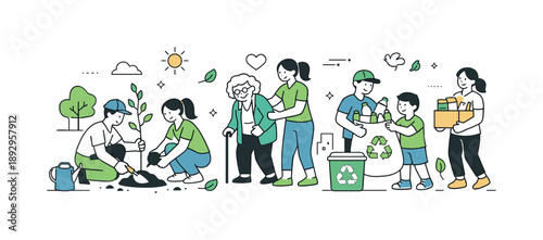 Community Volunteering Spirit. Community volunteering. Characters planting trees, collecting recyclables, or helping others in a neighborhood. Friendly
