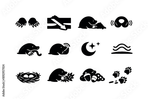 Mole Activity Icons. Mole behavior. Solid icon set of mole behavior: digging paws, tunneling arrow, soil push motion, sniffing nose, hunting worm, listening