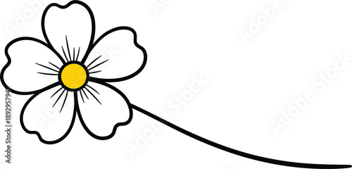 Minimalist flower with five white petals, yellow center, and curved black stem, symbolizing simplicity, nature, elegance, and decorative design