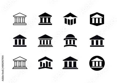 Government Logo Icon Set. Government institutions. Icon set. Set Logo of Government institutions: classical government building with columns. harmonious logo