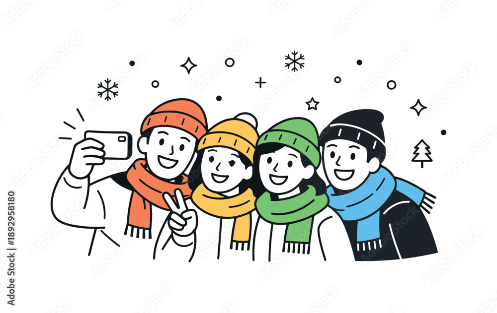 Fototapeta premium Friendly Winter Selfie. Group Christmas selfie outdoors. Friends taking a selfie outside in winter clothes, light snowflakes and scarves adding seasonal