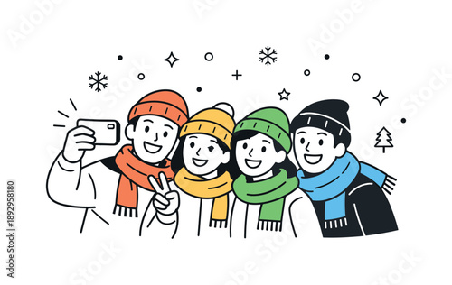 Friendly Winter Selfie. Group Christmas selfie outdoors. Friends taking a selfie outside in winter clothes, light snowflakes and scarves adding seasonal