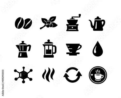 Coffee Icon Collection. Coffee-related symbols. Solid icon set of coffee-related symbols: coffee bean pair, bean branch, grinder icon, kettle icon, Moka pot,